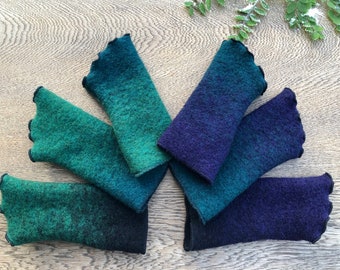 Wool felt wrist warmers, black, green and purple arm warmers