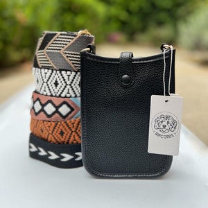 Bolso bandolera de cuero vegano negro y correa para guitarra, Bolso pequeño para teléfono, Cartera de viaje para crucero, Lona bordada extensible ajustable