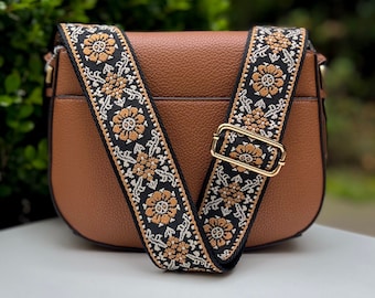 Cameo Flower Crossbody Guitar Purse Strap, Embroidery Jacquard Floral Adjustable Handbag Replacement, Camera Phone Bag, Brown White Black