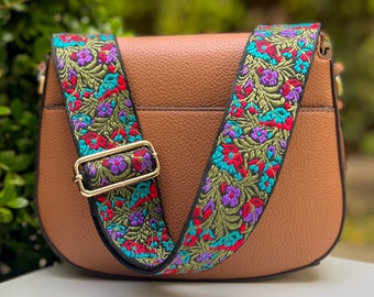 Summer Floral Guitar Crossbody Purse Strap, Vintage Embroidery Jacquard Handbag Replacement, Camera Phone Sling, Purple Blue Red Green Black