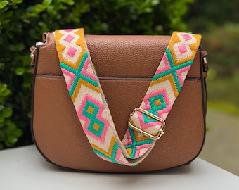 Colorful Embroidery Crossbody Guitar Purse Strap, Adjustable Handbag Replacement, Phone Case Camera Bag, Hot Pink Green Mustard Yellow Beige
