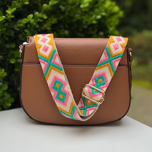 Colorful Embroidery Crossbody Guitar Purse Strap, Adjustable Handbag Replacement, Phone Case Camera Bag, Hot Pink Green Mustard Yellow Beige