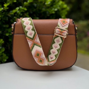 Correa de repuesto para bolso bandolera de guitarra bordada, extensor de bolso con patrón tejido, funda ajustable para cámara y teléfono - Verde oliva, rosa y beige