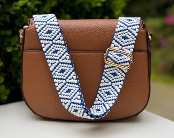 Retro Boho Pattern Crossbody Guitar Purse Strap, Embroidered Woven Handbag Replacement, Festival Camera Phone Bag Sling, Cobalt Blue & White
