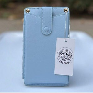 Borsa per telefono a tracolla in pelle vegana blu, piccola borsa da viaggio da crociera, custodia per celle con cerniera, porta badge identificativo per passaporto, borotalco pervinca