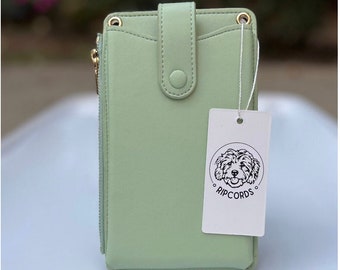 Mint Green Vegan Leather Crossbody Phone Purse Pouch, Smartphone Zip Wallet, Summer Passport Holder, Small Cruise Travel Bag, Moss Sage