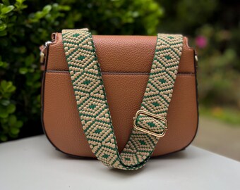 Amber Brown & Forest Green Embroider Woven Guitar Crossbody Purse Strap, Pine Gold Boho Weave Shoulder Adjustable Camera or Phone Bag Sling