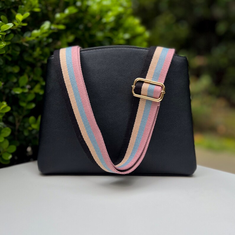 Make any purse, cell phone holder, or camera stylish with this stripe pink beige rose mauve blush black rust orange brown khaki tan sage olive army green blue aqua turquoise forest pine strap gold hardware. This guitar style Boho strap crossbody.