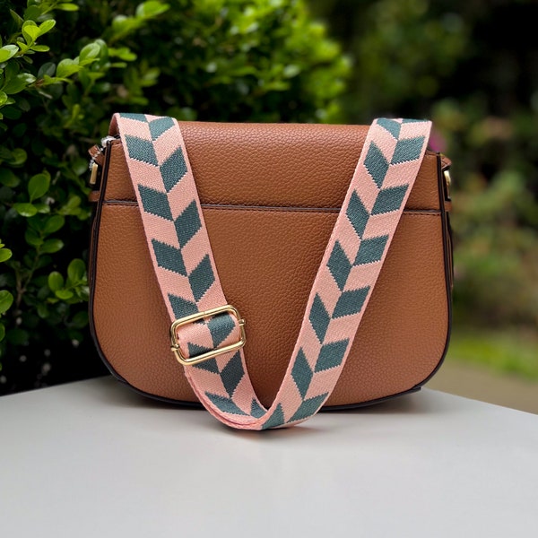 Blush Pink & Forest Green Checkered Woven Shoulder Guitar Purse Strap, Chevron Striped Crossbody Handbag Nylon Canvas Phone Bag Sling, Teen