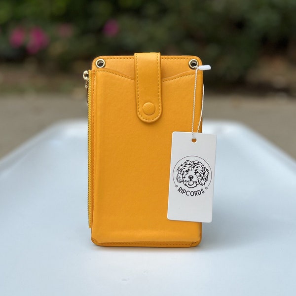 Lemon Yellow Vegan PU Leather Mustard Crossbody Wallet Purse, Gold Hardware Zipper Coin Money Pouch Phone Case Sling, Credit Card ID Holder