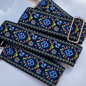 Bunter Retro-Crossbody-Gitarren-Geldbeutel, Vintage-Handtaschenersatz, verstellbare Blumenkamera-Handytasche, blau, schwarz, orange, gelb