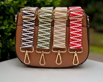 Zig zag woven crossbody purse strap black white green red beige brown navy blue rust cream embroider guitar hand bag bag phone cotton canvas