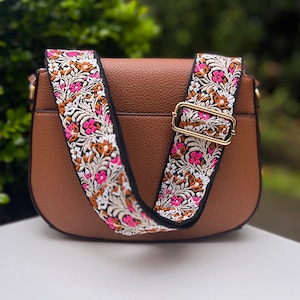Jacquard Vintage Crossbody Gitarren-Geldbeutel-Bügel, Stickerei Blumenhandtasche, Retro Sommer Kamera Handytasche Ersatz, Bronze Rosa Weiß Schwarz