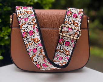 Jacquard Vintage Crossbody Guitar Purse Strap, Embroider Floral Handbag, Retro Summer Camera Phone Bag Replacement, Bronze Pink White Black