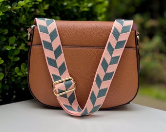Checkered Pattern Guitar Crossbody Purse Strap, Chevron Striped Handbag Replacement, Adjustable Camera Phone Bag, Blush Pink & Forest Green