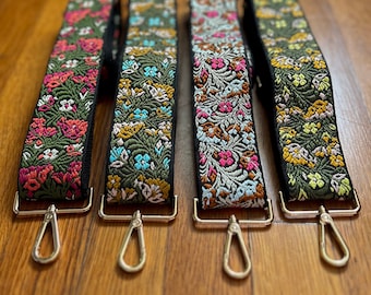 Summer Flower Crossbody Guitar Purse Strap, Floral Jacquard Patterned Handbag Replacement, Embroidery Camera Phone Bag, Pink Green Red Blue