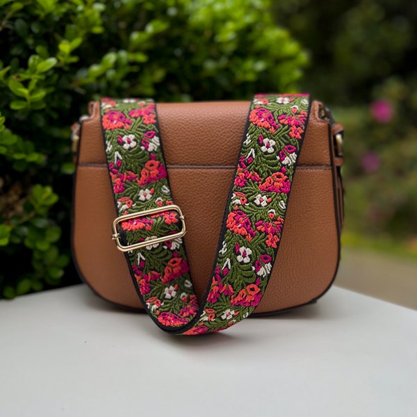Vintage Flower Garden Jacquard Embroidered Guitar Style Crossbody Purse Strap, Floral Bouquet Bag Replacement Handbag Ribbon, Pink Green Red