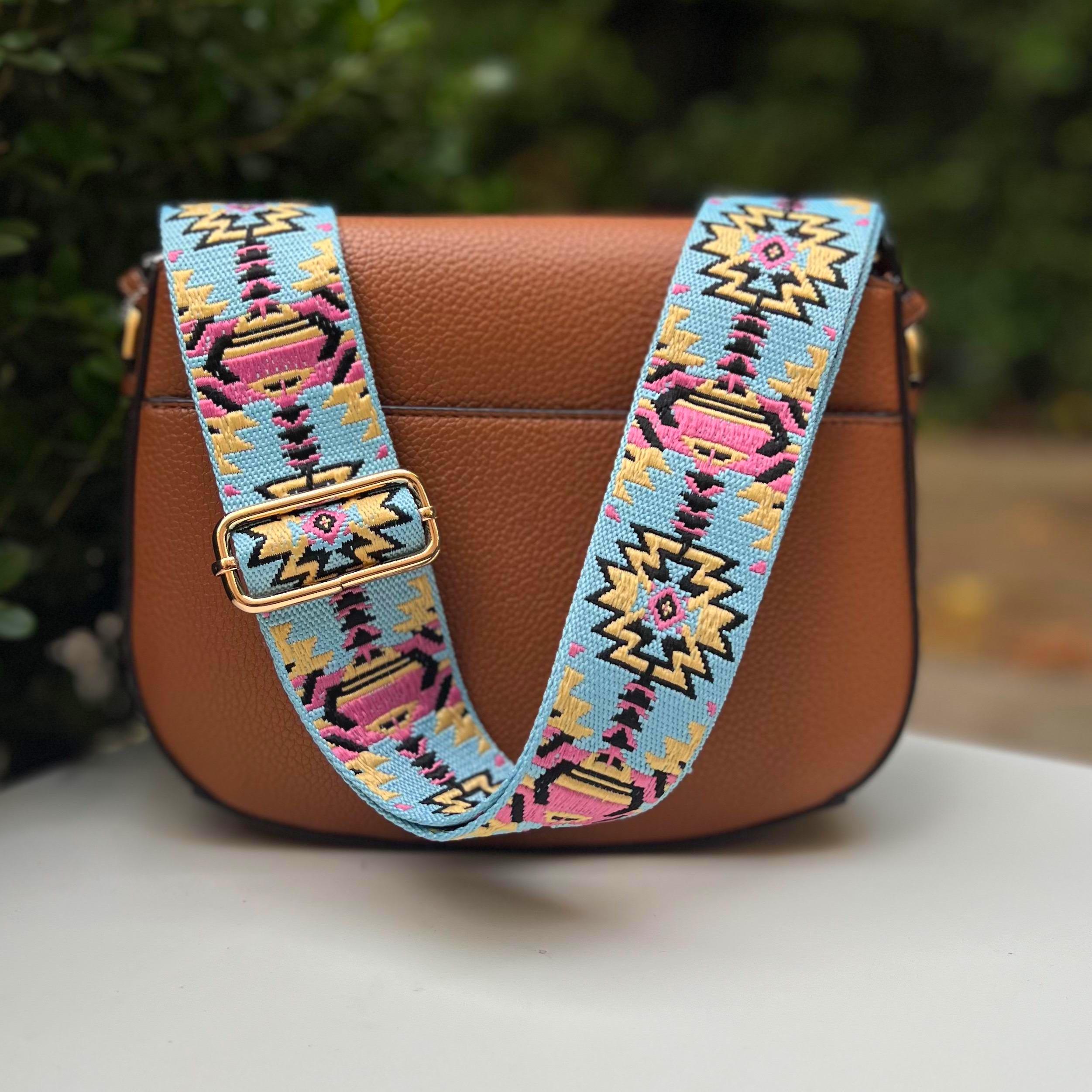 Embroidered Pink Blue Southwest Guitar Purse Strap  display picture 2