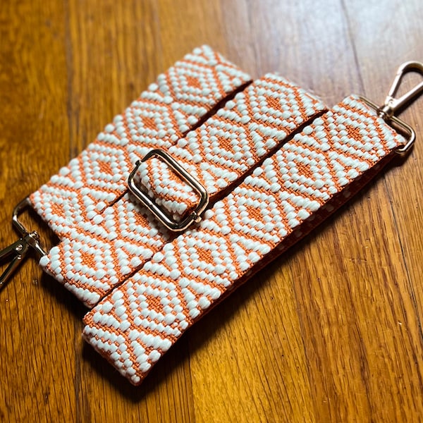 Orange Cream Woven Guitar Crossbody Purse Strap, Stripe Pattern White Embroider Weave Adjustable Guitar Handbag Replacement Phone Bag Sling