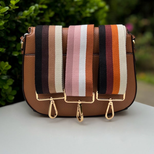 Retro Minimalist Stripe Canvas Guitar Crossbody Purse Strap Boho Handbag Phone Bag Sling Pink Brown Black White Cream Beige Blush Tan Mom