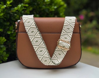 Cute Sage Moss Green Cream White Woven Crossbody Purse Strap, Adjustable Length Handbag or Phone Bag Sling, Mother Embroidered Weave Present