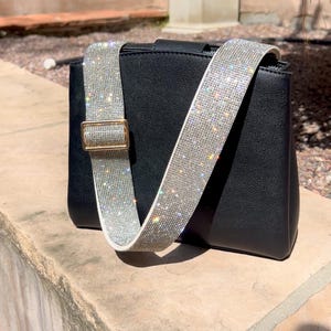White Diamond Rhinestone Crossbody Guitar Purse Bag Strap, Beige Vegan Leather, Shiny Crystal Handbag Replacement, Gemstone Phone Strap