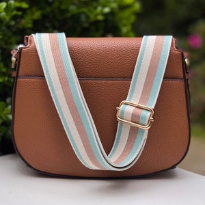 Hellbeige & Blau gestreifte Crossbody-Gitarren-Geldbörse, verstellbare braune Handtasche Ersatz, Kamera Handytasche Verlängerung, Aqua Tan Khaki