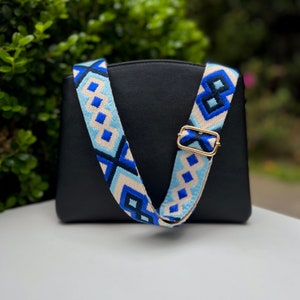 Correa para bolso bandolera con diseño de guitarra azul brillante, repuesto ajustable para bolso, extensor bordado para teléfono y cámara - Azul cobalto, beige y negro