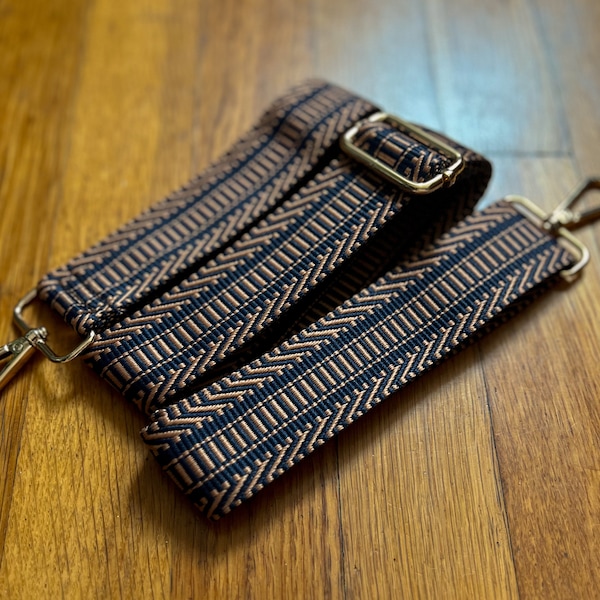 Brown Bronze & Navy Blue Aztec Stripe Crossbody Purse Strap, Woven Adjustable Guitar Handbag Replacement Shoulder Bag or Phone Sling, Gold