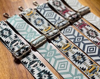 Western Summer Pattern Guitar Purse Straps, Aztec Crossbody Handbag Replacement, Embroidery Camera Phone Bag, Beige Green Red Navy Yellow