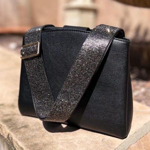 Pewter Sparkly Silver Diamond Rhinestone Crossbody Guitar Purse Bag Strap, Black Leather, Shiny Gunmetal Crystal Phone Handbag Replacement