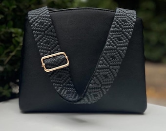 Black & Charcoal Gray Boho Pattern Crossbody Guitar Purse Bag Strap, Embroidered Handbag Replacement, Adjustable Camera Bag, Dark Woven