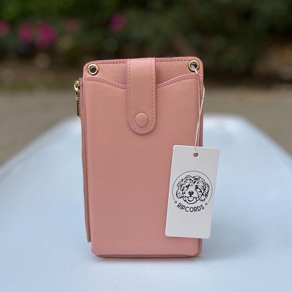 Pink Blush Vegan PU Leather Crossbody Wallet Purse, Gold Hardware Strap, Zippered Coin Change Credit Card Holder, Pocketbook Phone Sling