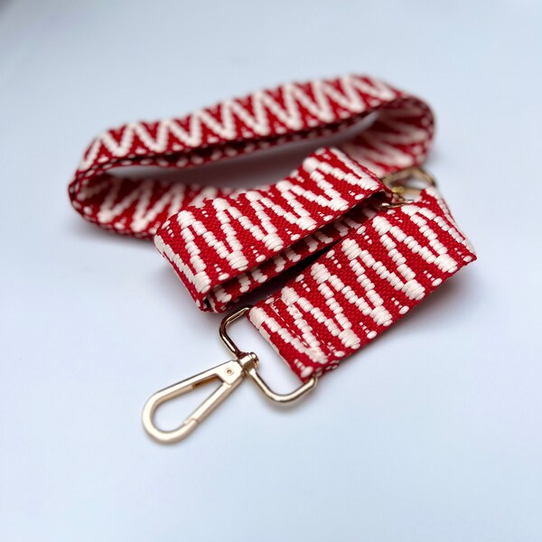 Woven Cherry Red & White Purse Strap Zig Zag Design Crimson Woven Stripe Crossbody Bag Phone Sling Cream Guitar Shoulder Handbag Replacement