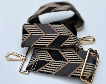 Geometric Black Striped Chevron Crossbody Handbag Purse Strap, Adjustable Camera Phone Case Sling, Replacement Bag Strap, Gold Silver Metal