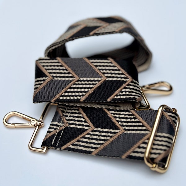 Geometric Black Striped Chevron Crossbody Strap for Purse, iPhone Case Sling, Replacement Bag Strap, 2 Sizes Gold or Silver Metal Hardware