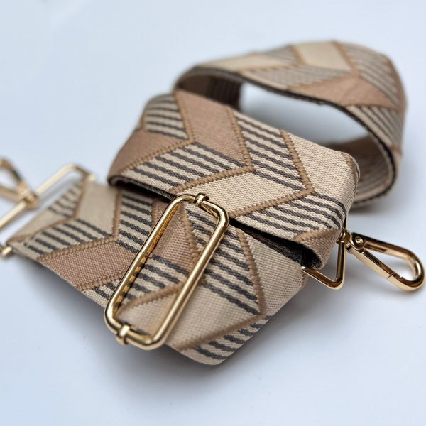 Geometric Crossbody Strap Beige Tan Wide Guitar Purse Phone Sling Khaki Chevron Stripe Adjustable Handbag Camera Replace Bag gift for her