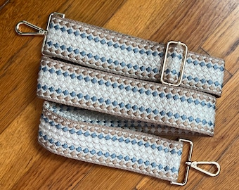 Polka Dot Pattern Embroidered Weave Purse Strap, Woven Guitar Crossbody Bag Replacement, Travel Phone Sling - Beige Taupe Cream Grey Blue