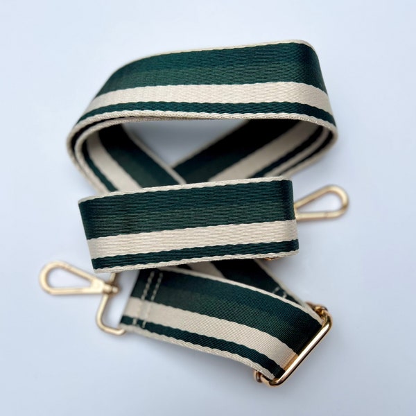 Minimalist Forest Green & Beige Stripe Canvas Guitar Purse Strap, Pine Crossbody Replacement Bag Accessory Adjustable Shoulder Phone Handbag