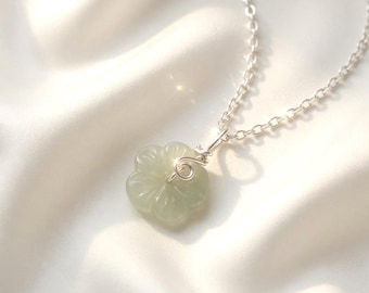 Light Green Nephrite Jade Blossom Necklace | Silver Flower Pendant, Handmade Serenity Jewelry