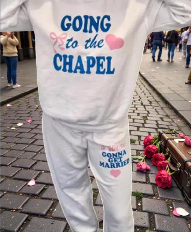 May include: White sweatshirt and sweatpants set with the phrases "GOING to the CHAPEL" and "We're GONNA GET MARRIED" in blue and pink. The outfit is decorated with pink hearts and bows. A wedding theme.
