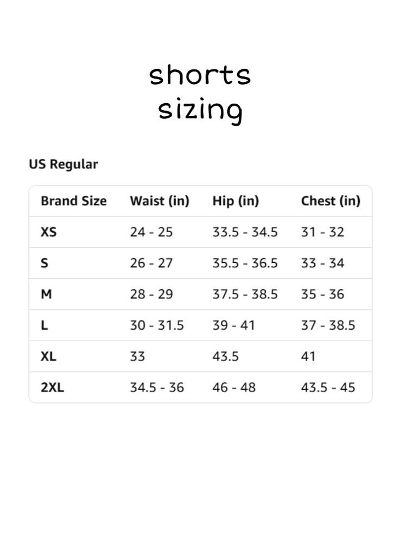 May include: A white graphic with the text "shorts sizing" and a size chart for US Regular shorts. The chart includes brand sizes XS to 2XL, with waist, hip, and chest measurements in inches.