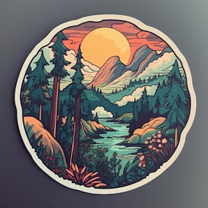 Könnte beinhalten: Eine farbenfrohe Illustration einer Berglandschaft mit einer großen Sonne am Himmel. Die Berge sind grün und blau, und die Sonne ist gelb und orange. Im Vordergrund befinden sich Bäume und ein Fluss, der sich durch das Tal schlängelt.