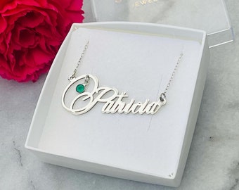 Personalised 925 Sterling Silver Name Necklace With Birthstone,