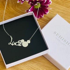 Personalised 925 Sterling Silver Name Necklace With Disney Font and Mickey Mouse, Handmade Gift Kids Necklace