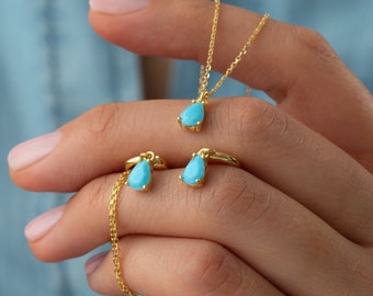Sterling Silver Turquoise Necklace and Stud Earrings Set - 14k Gold Plated