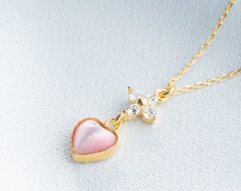 925 Sterling Silver Pink Zircon Stone Heart Necklace. Unique Design Charm Necklace Gift. 14k Gold Plated.