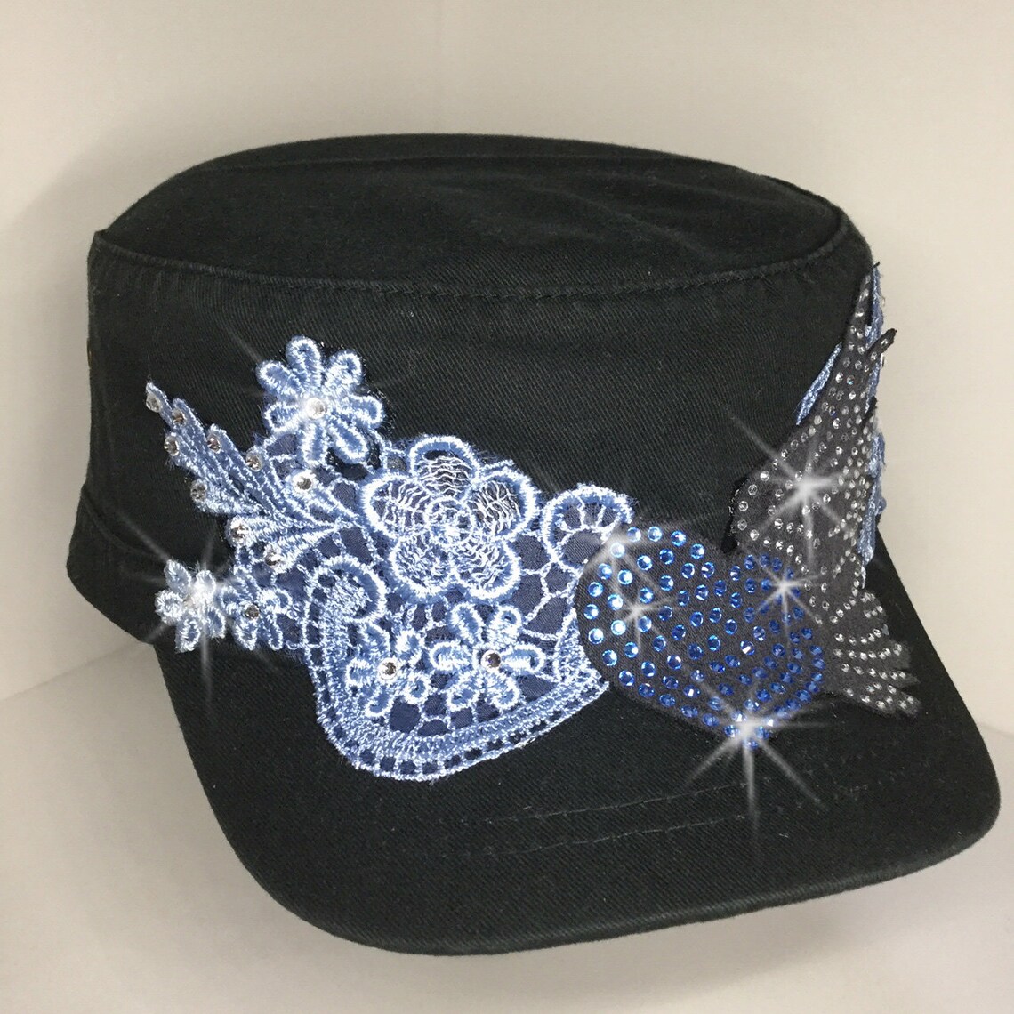 Ladies Rhinestone Cadet Cap Black/Powder Blue Hand Dyed Etsy