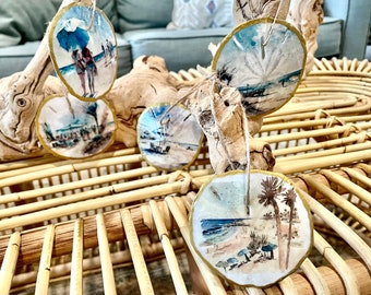 Decoupaged Sand Dollar Ornaments - Beach Scenes