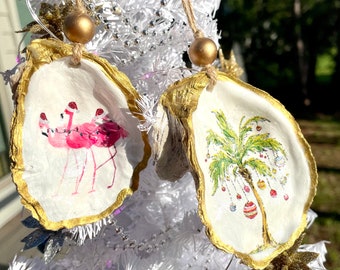 Tropical Palm Tree and Flamingo Christmas Ornaments